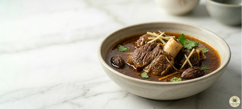 Nihari Pakistani slow-cooked beef stew with black cardamom bone marrow