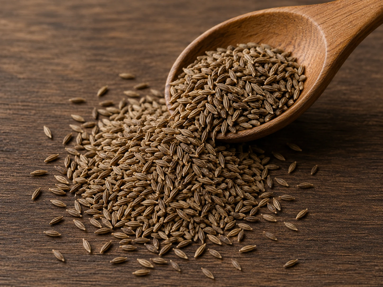 Cumin seeds spilled from a wooden spoon
