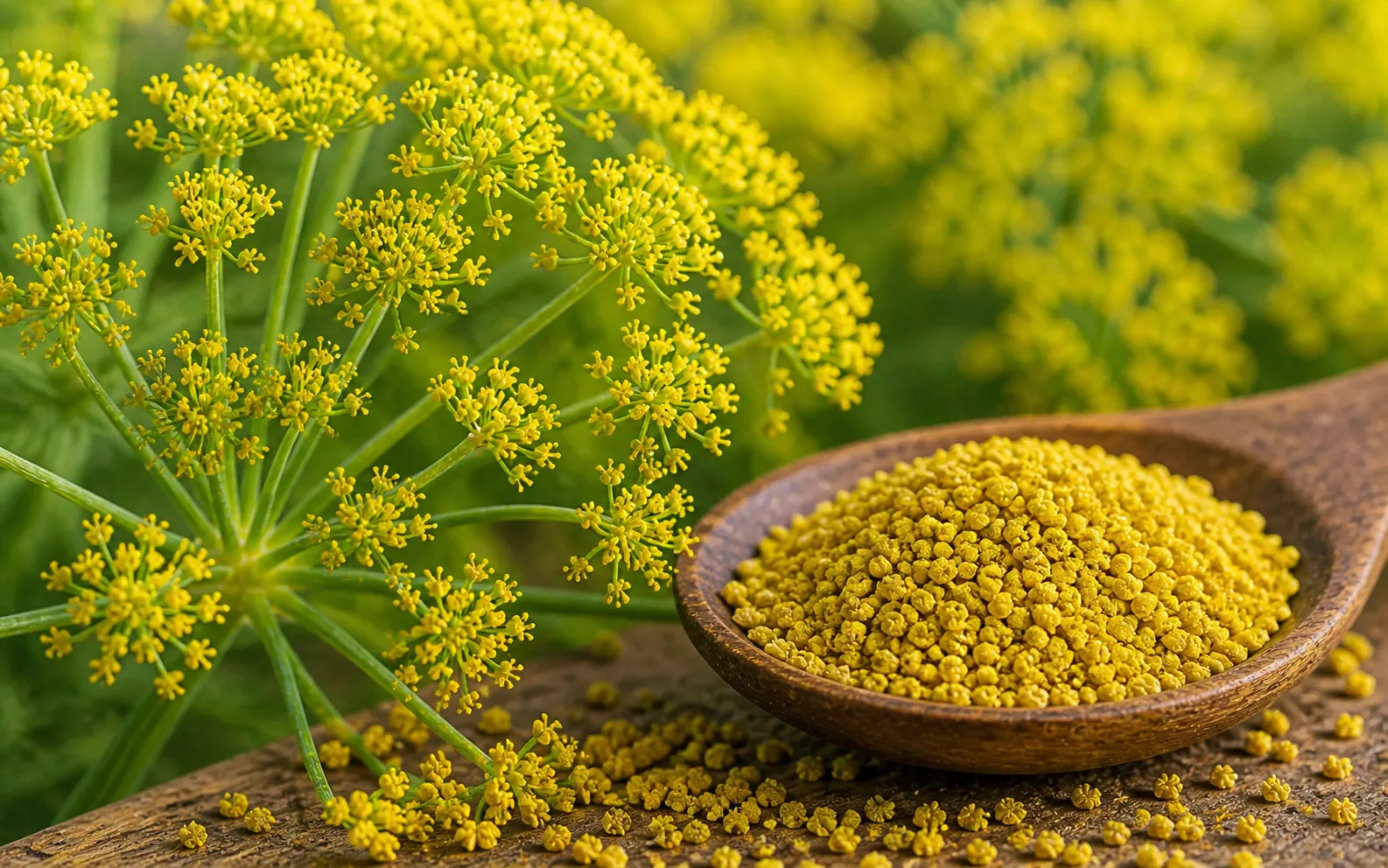 Golden fennel pollen in wooden bowl beside yellow fennel flowers in bloom.