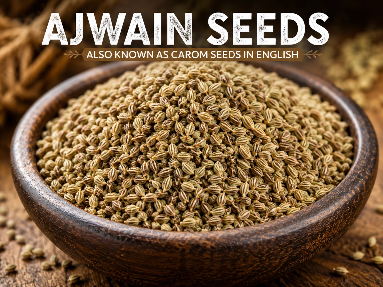 Ajwain seeds also known as carom seeds in English in a rustic wooden bowl