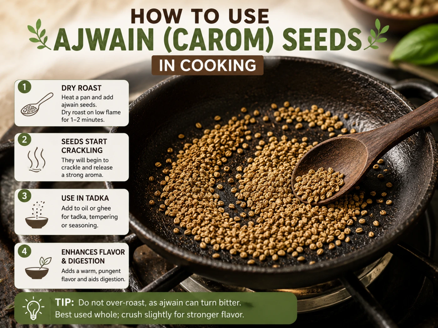 How to use ajwain carom seeds in cooking with dry roasting tadka