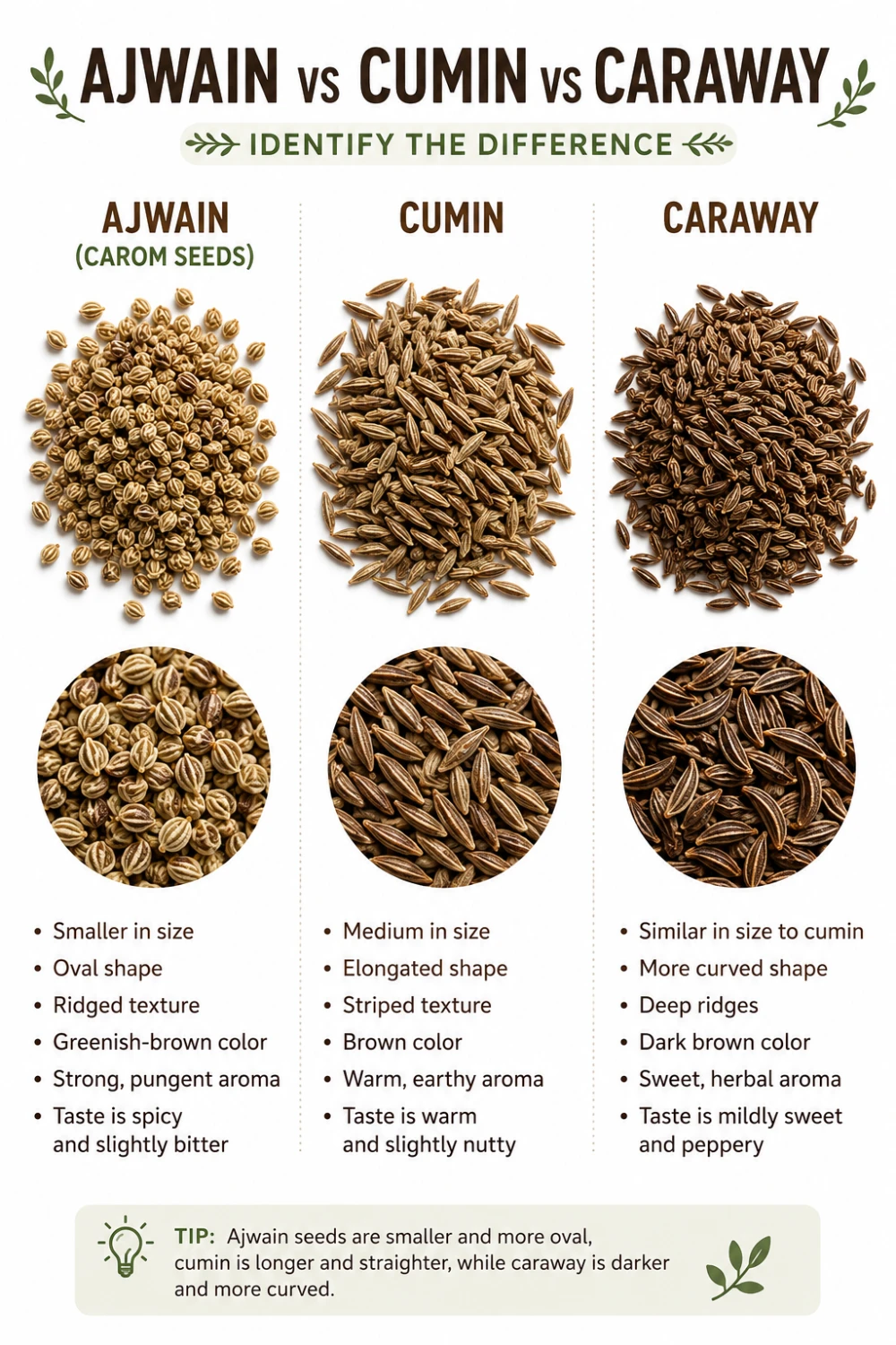 Ajwain seeds compared to cumin and caraway seeds on white background