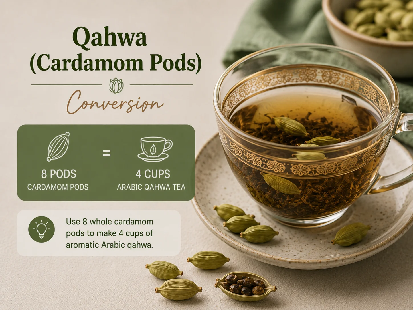 Arabic qahwa tea with whole cardamom pods — 8 pods for 4 cups traditional qahwa