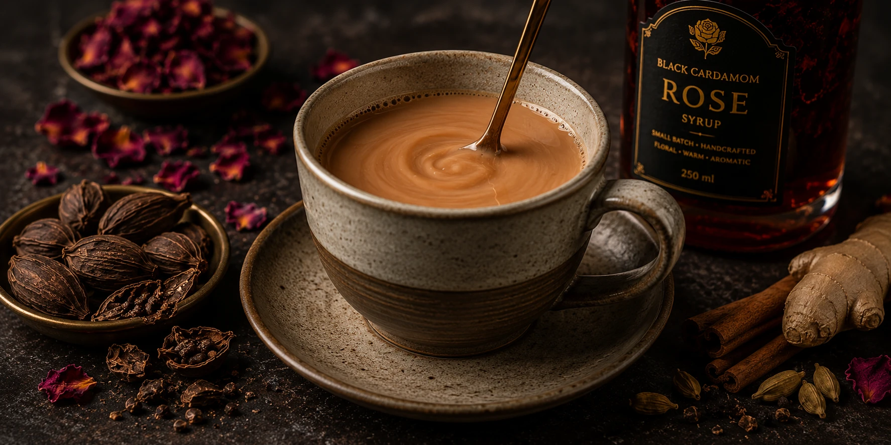 Badi elaichi gulab chai — black cardamom rose syrup stirred into masala chai in ceramic cup