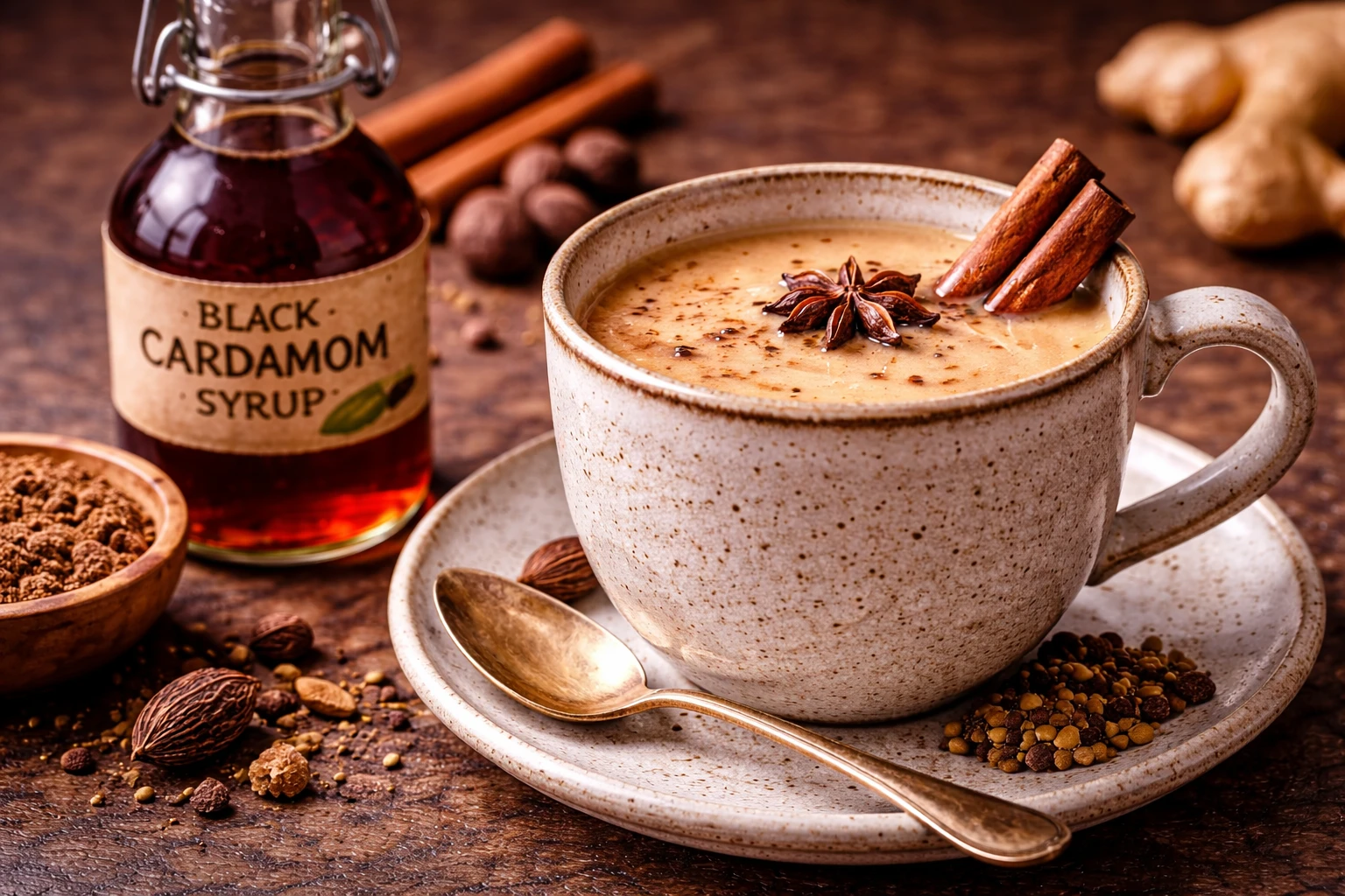 Chai tea with black cardamom simple syrup as sweetener