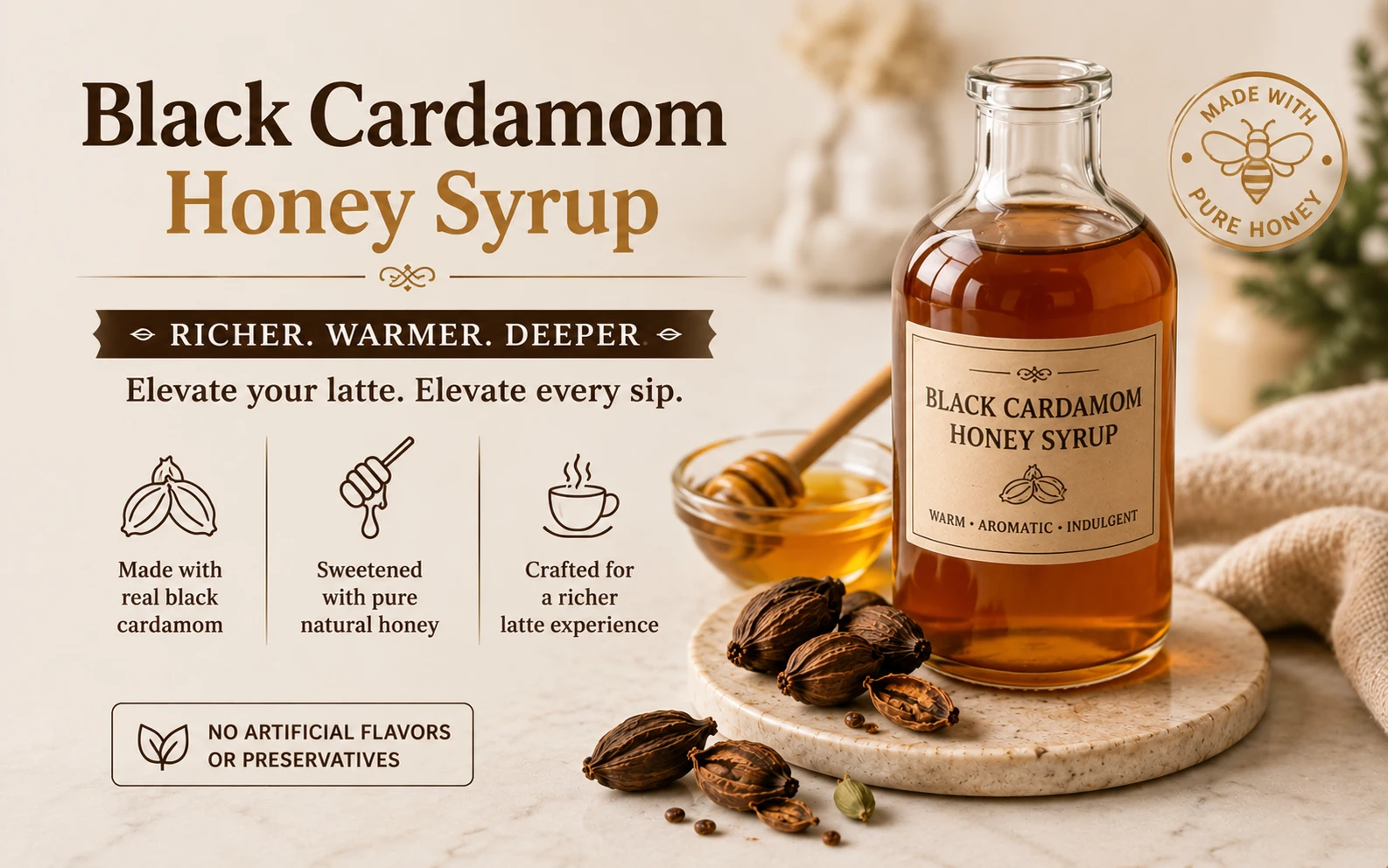 Black cardamom honey syrup — richer latte variation