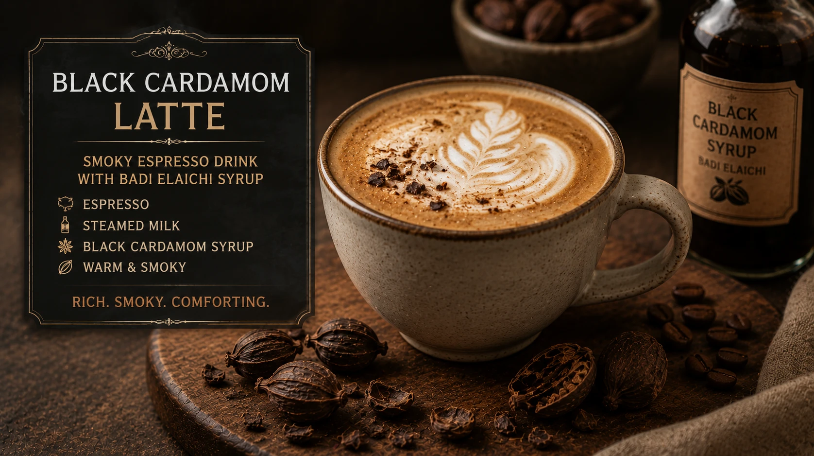 Black cardamom latte — smoky espresso drink with steamed milk