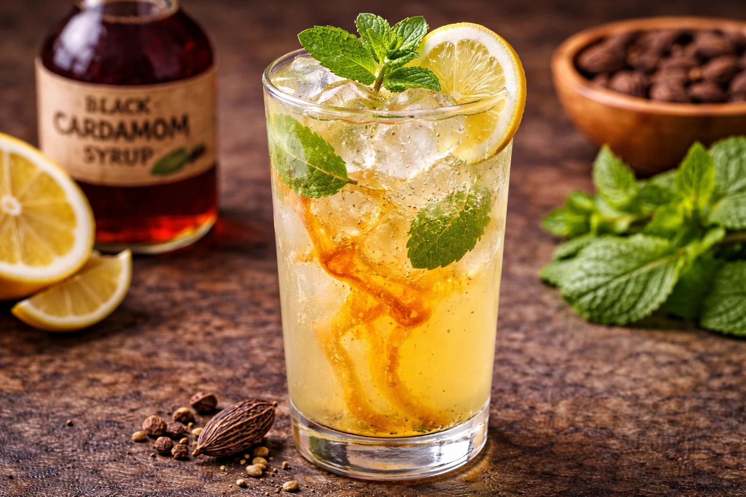 Smoked cardamom lemonade with black cardamom simple syrup swirled in