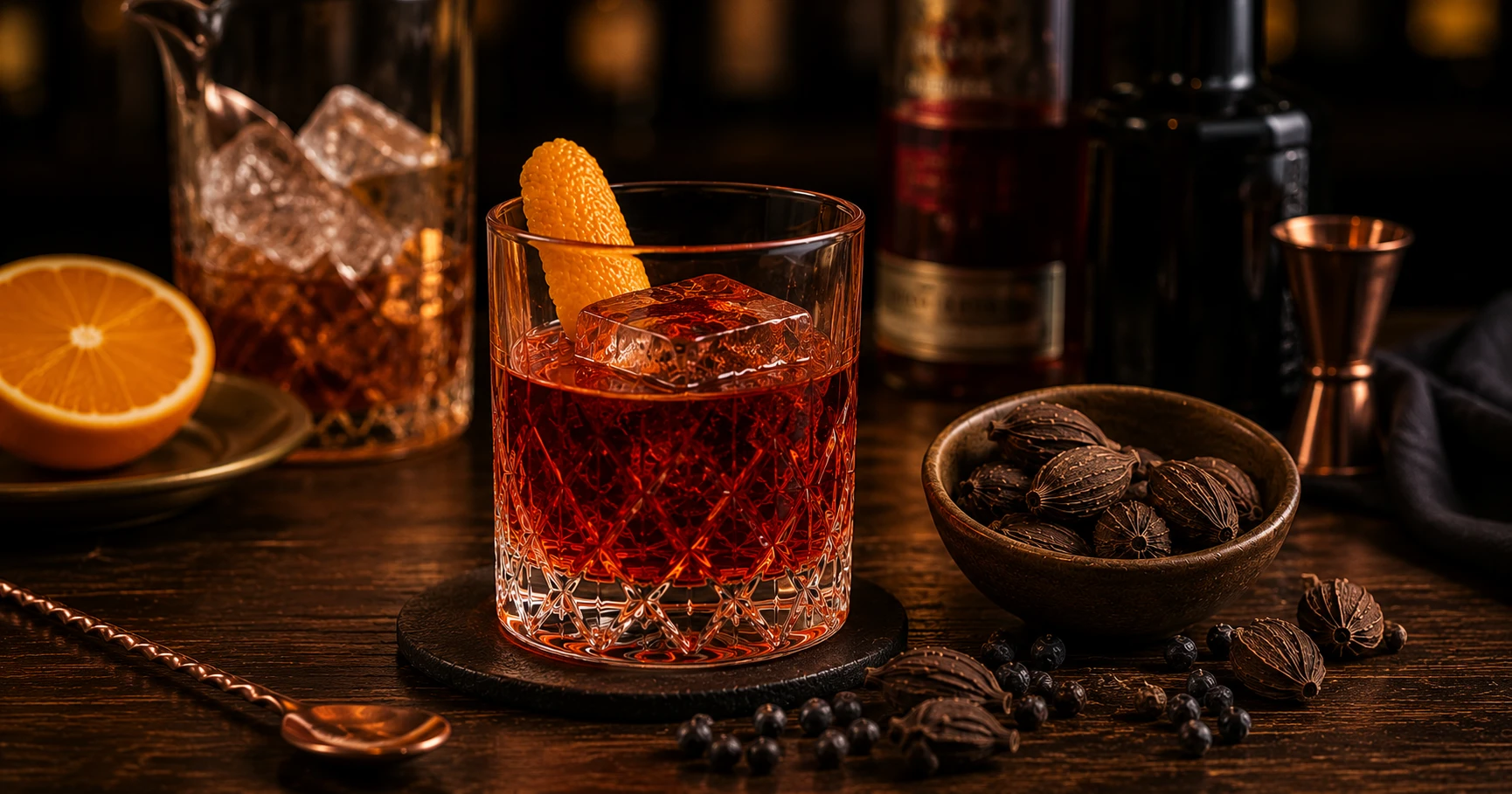 Black cardamom negroni — deep red cocktail in a rocks glass with orange peel garnish