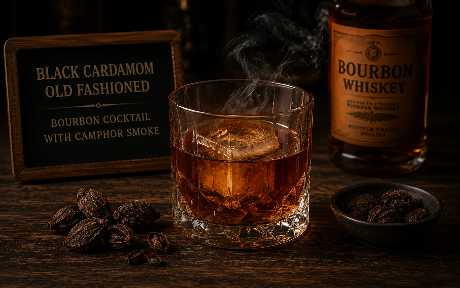 Black cardamom old fashioned — bourbon cocktail with camphor smoke