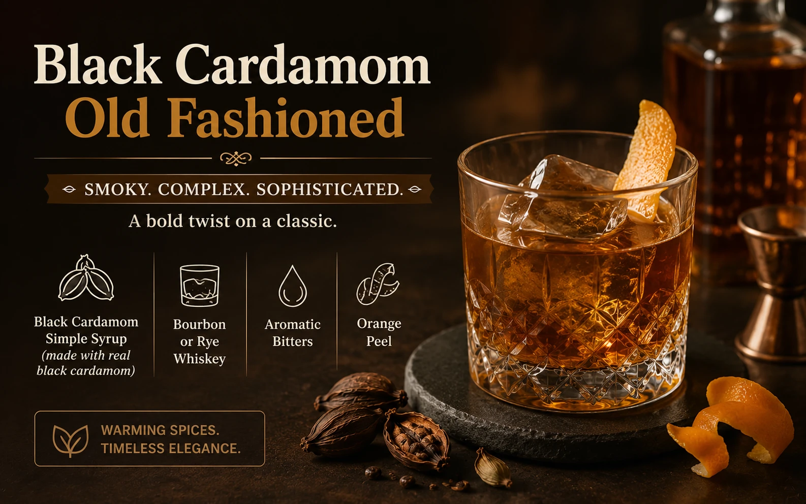 Black cardamom old fashioned cocktail — smoky whiskey drink