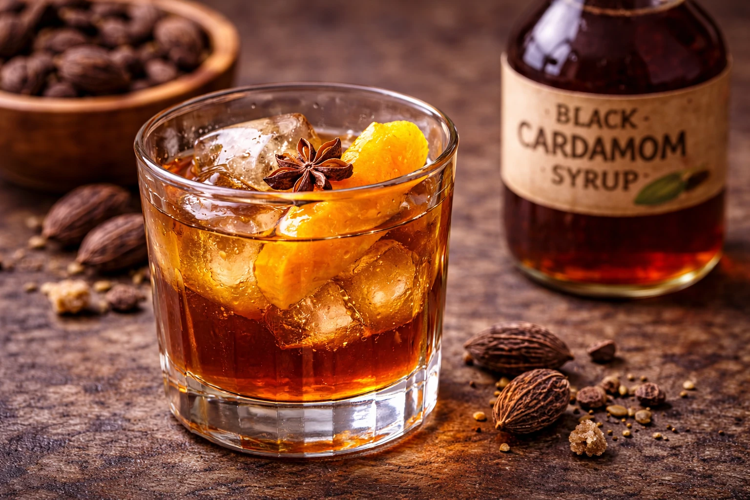 Black cardamom old fashioned cocktail with amber syrup and orange peel garnish