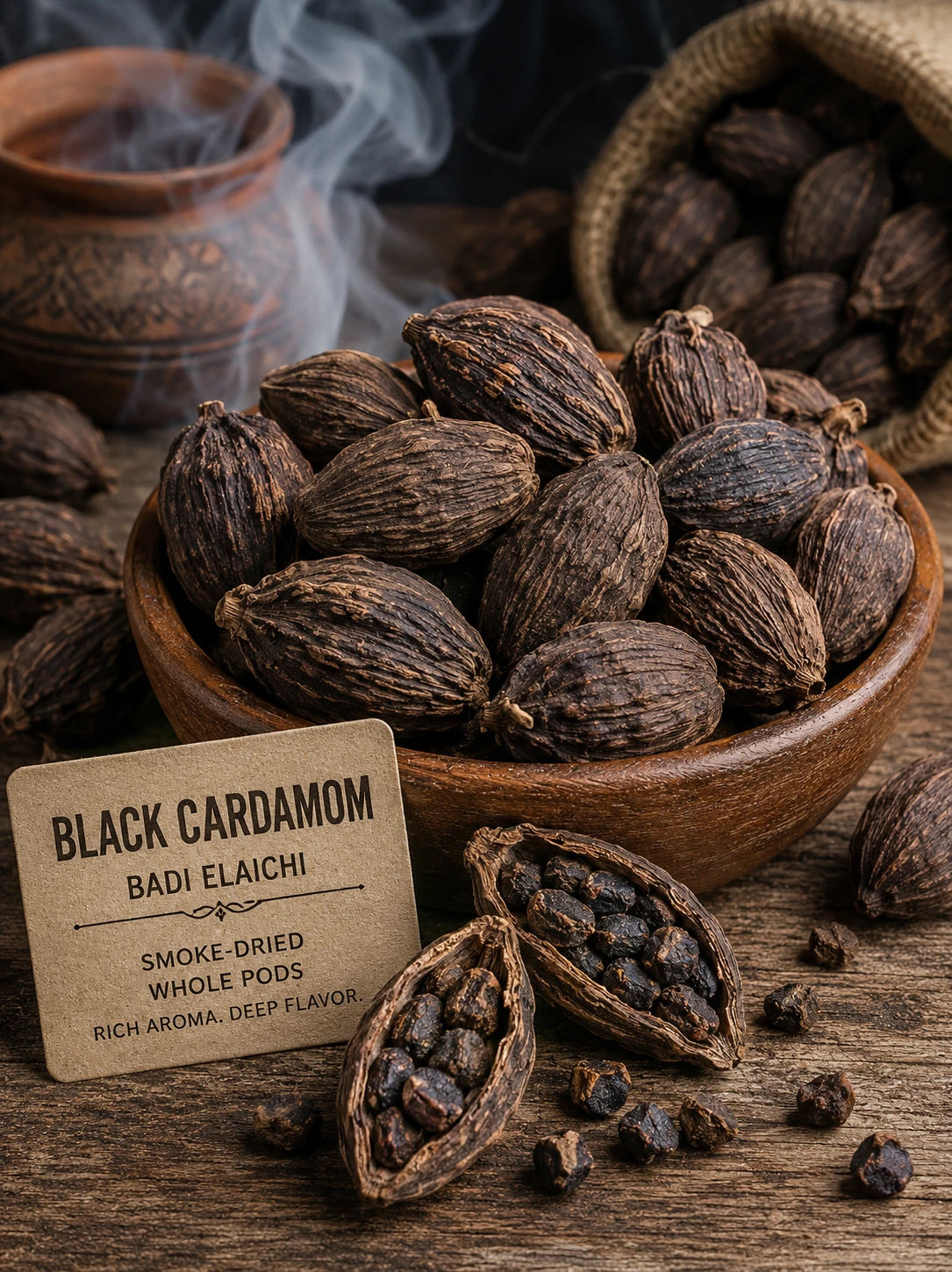 Black cardamom pods badi elaichi — smoke-dried whole pods showing dark husk and aromatic seeds