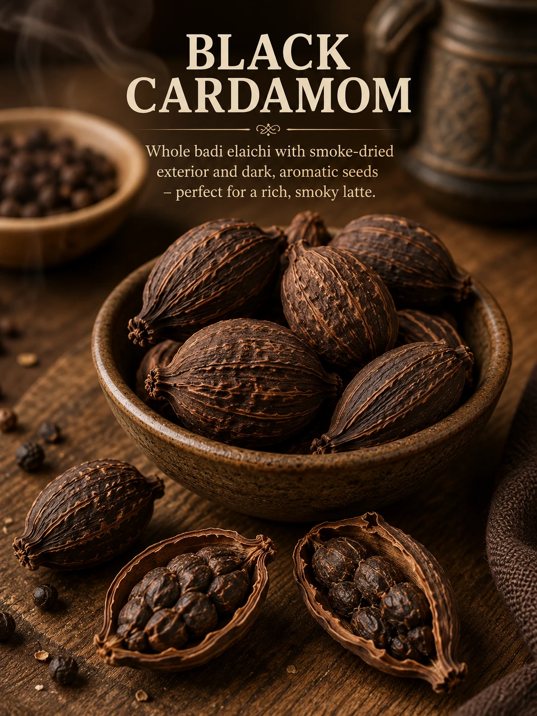 Black cardamom pods — whole badi elaichi showing smoke-dried exterior and dark seeds for latte
