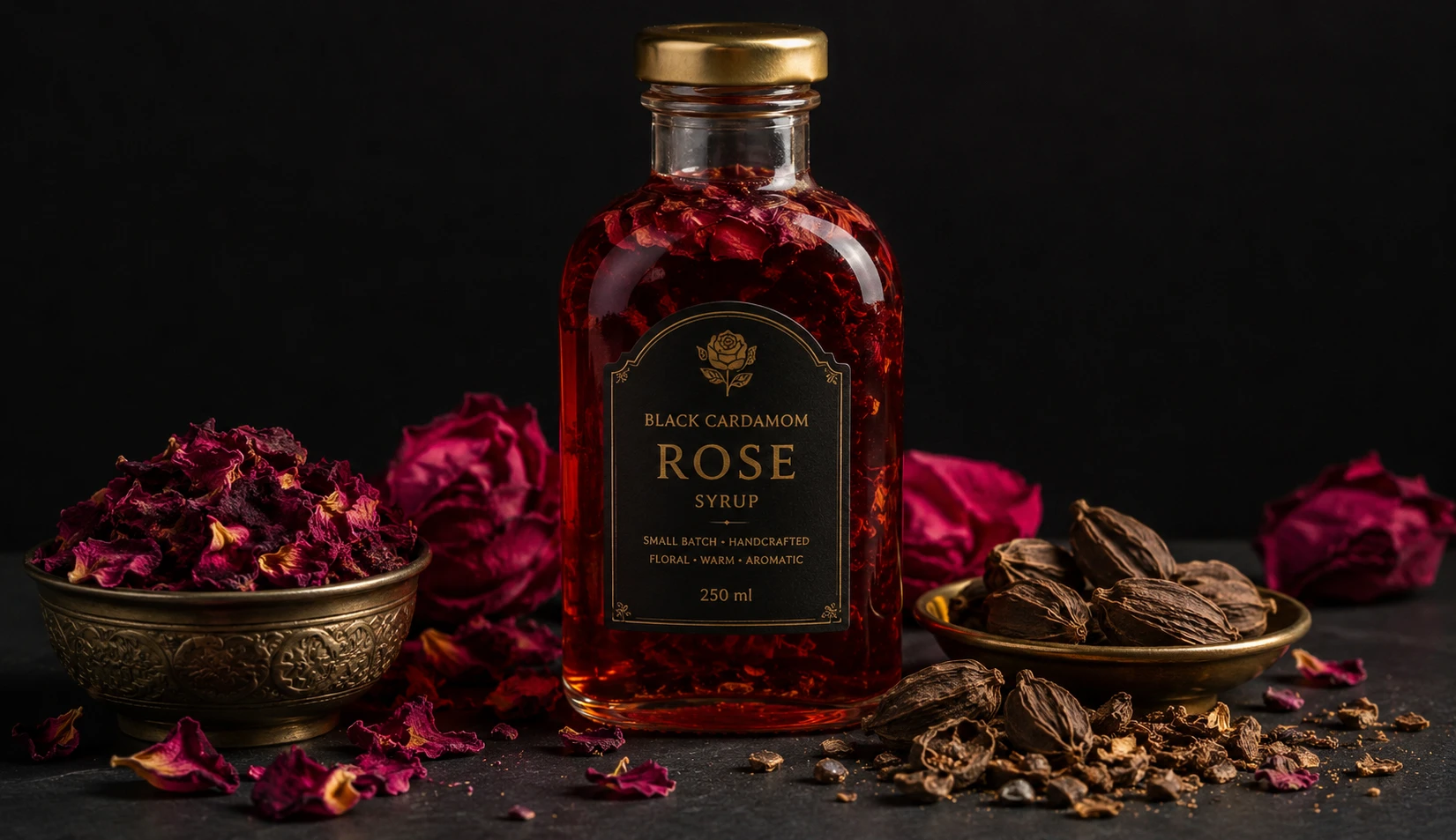Black cardamom rose syrup — deep rose-amber colour with dried petals and crushed pods on dark background