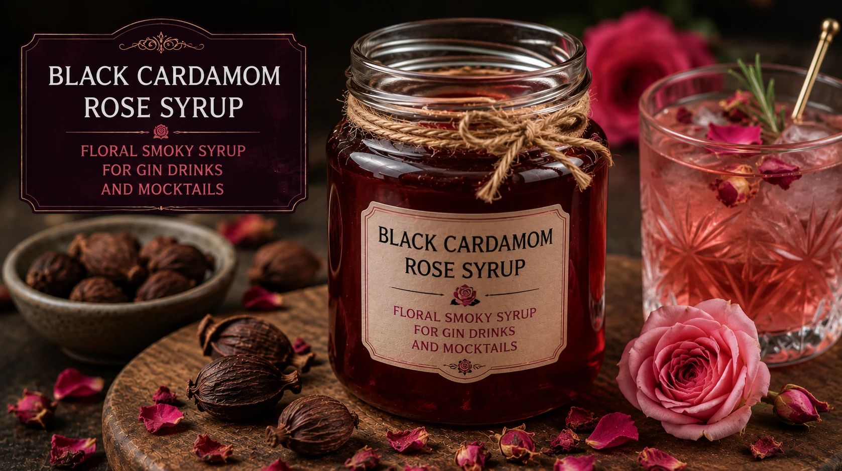 Black cardamom rose syrup — floral smoky syrup for gin drinks and mocktails