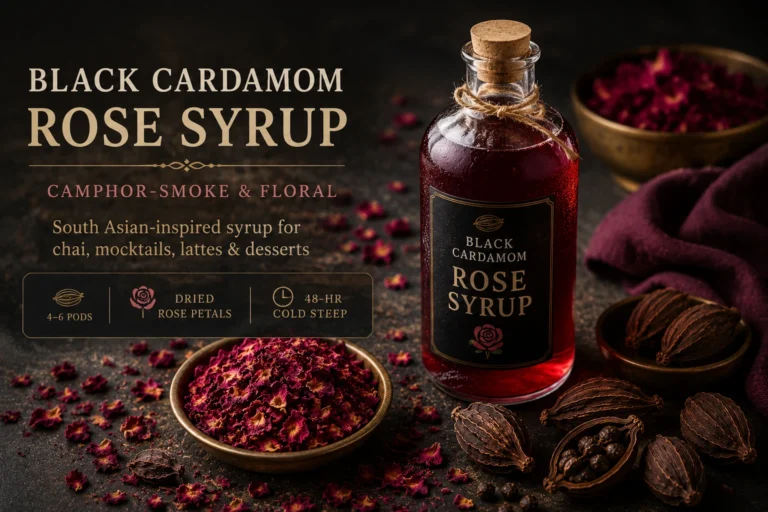 Black cardamom rose syrup bottle with dried rose petals smoky floral flavor and South Asian inspired styling