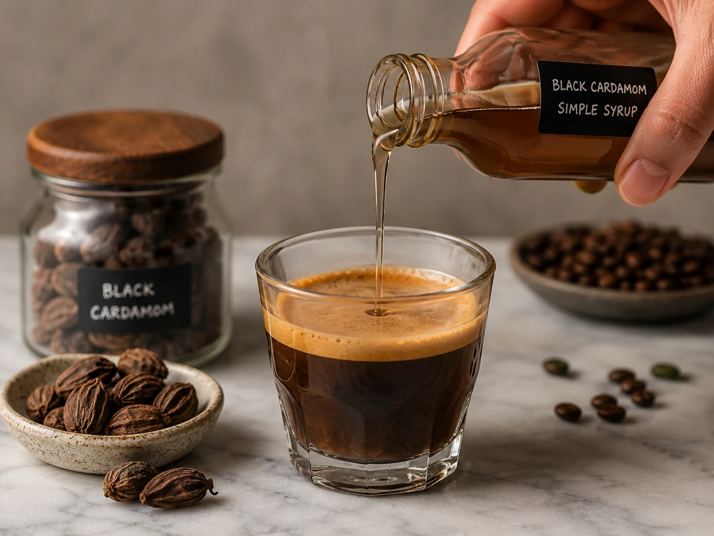 Adding black cardamom simple syrup to espresso