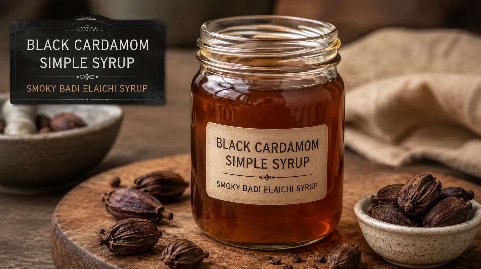 Black cardamom simple syrup in a glass jar — smoky badi elaichi syrup
