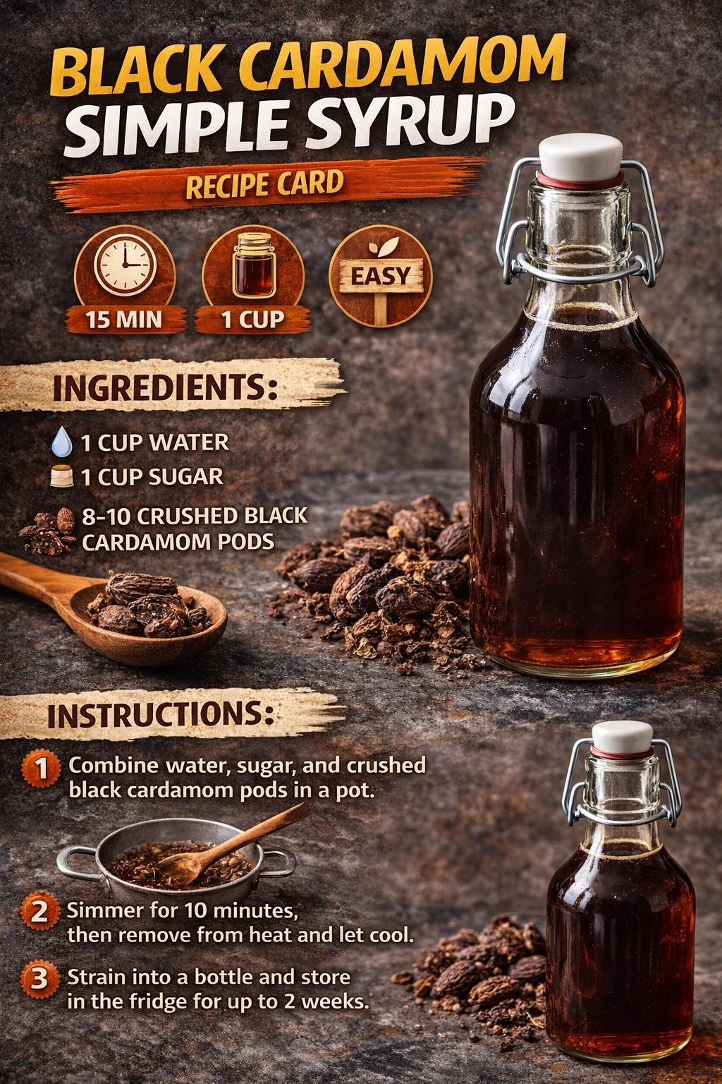 Black cardamom simple syrup in sealed glass bottle with crushed pods — deep amber colour