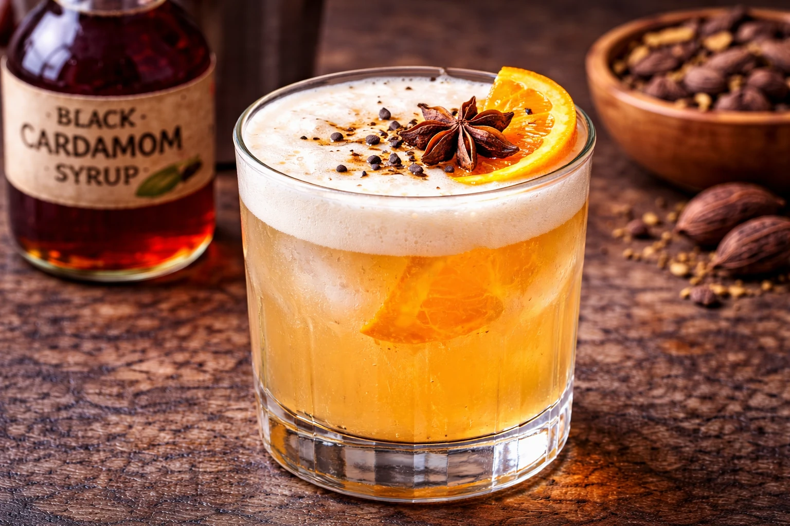 Black cardamom whiskey sour with egg white foam
