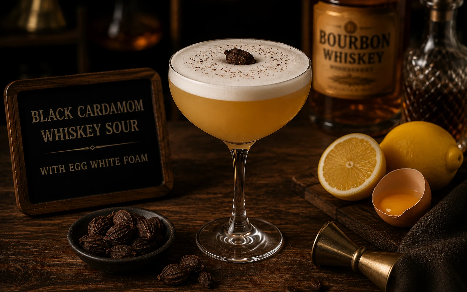 Black cardamom whiskey sour with egg white foam
