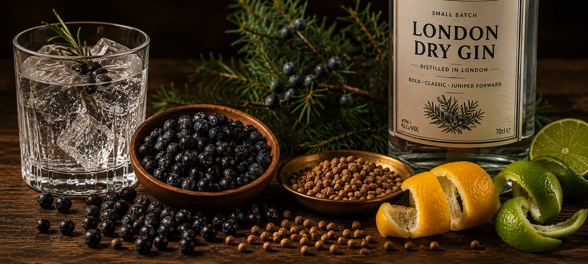 Bold London dry gin with strong juniper profile