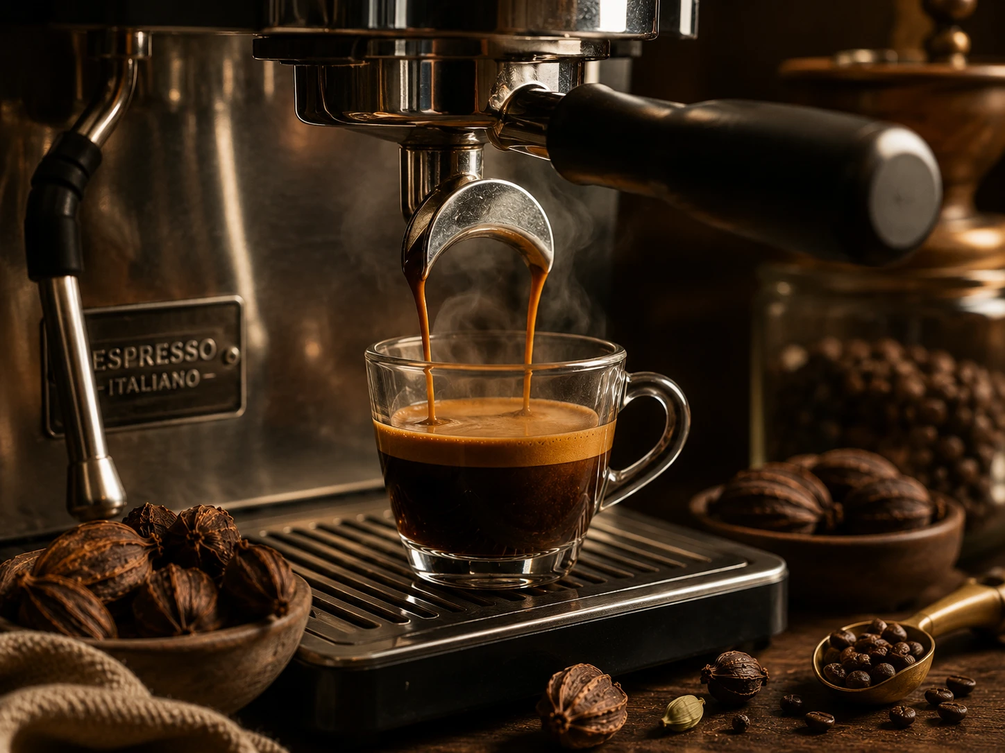 Brewing espresso for black cardamom smoky latte
