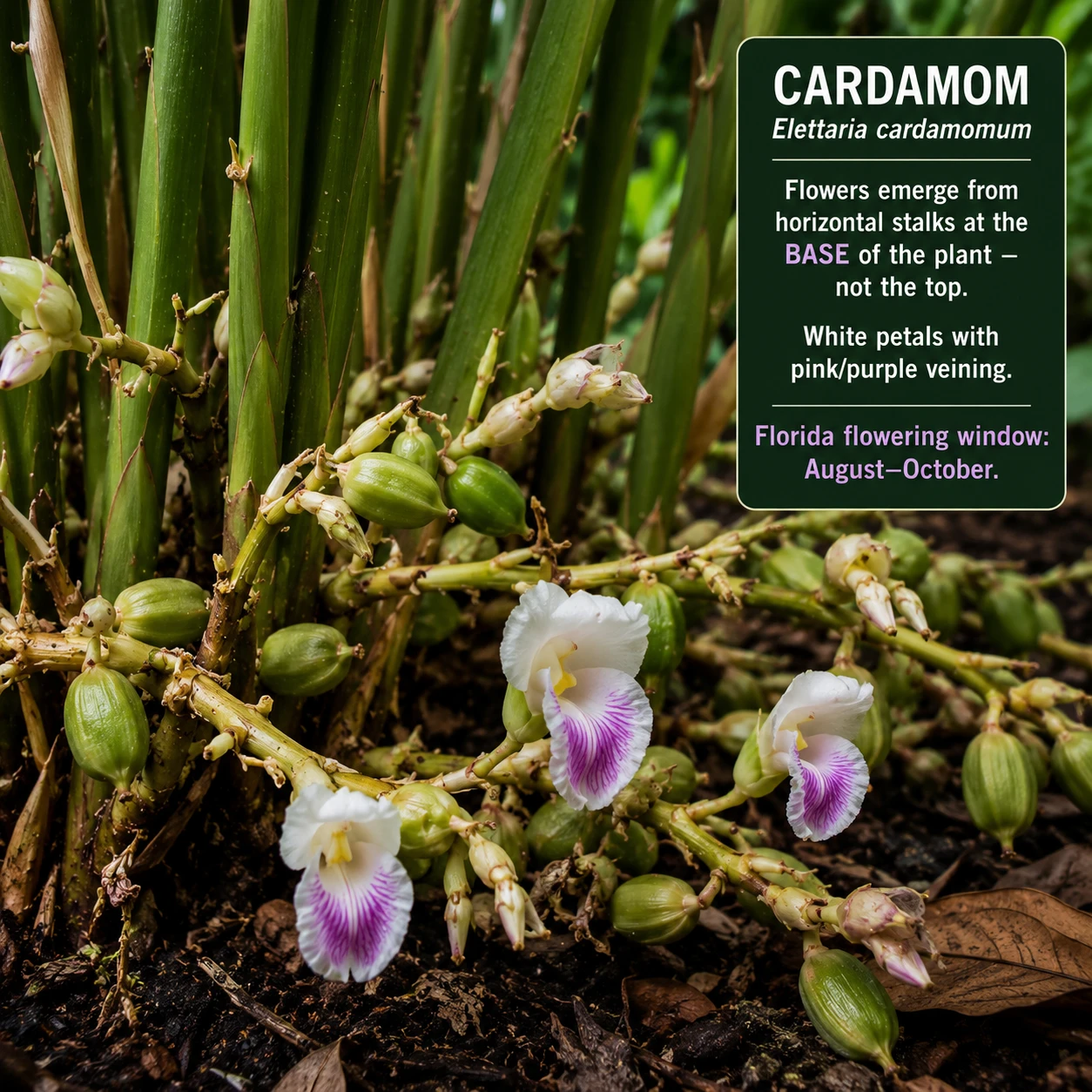 Cardamom flower Elettaria cardamomum white purple bloom at plant base Florida