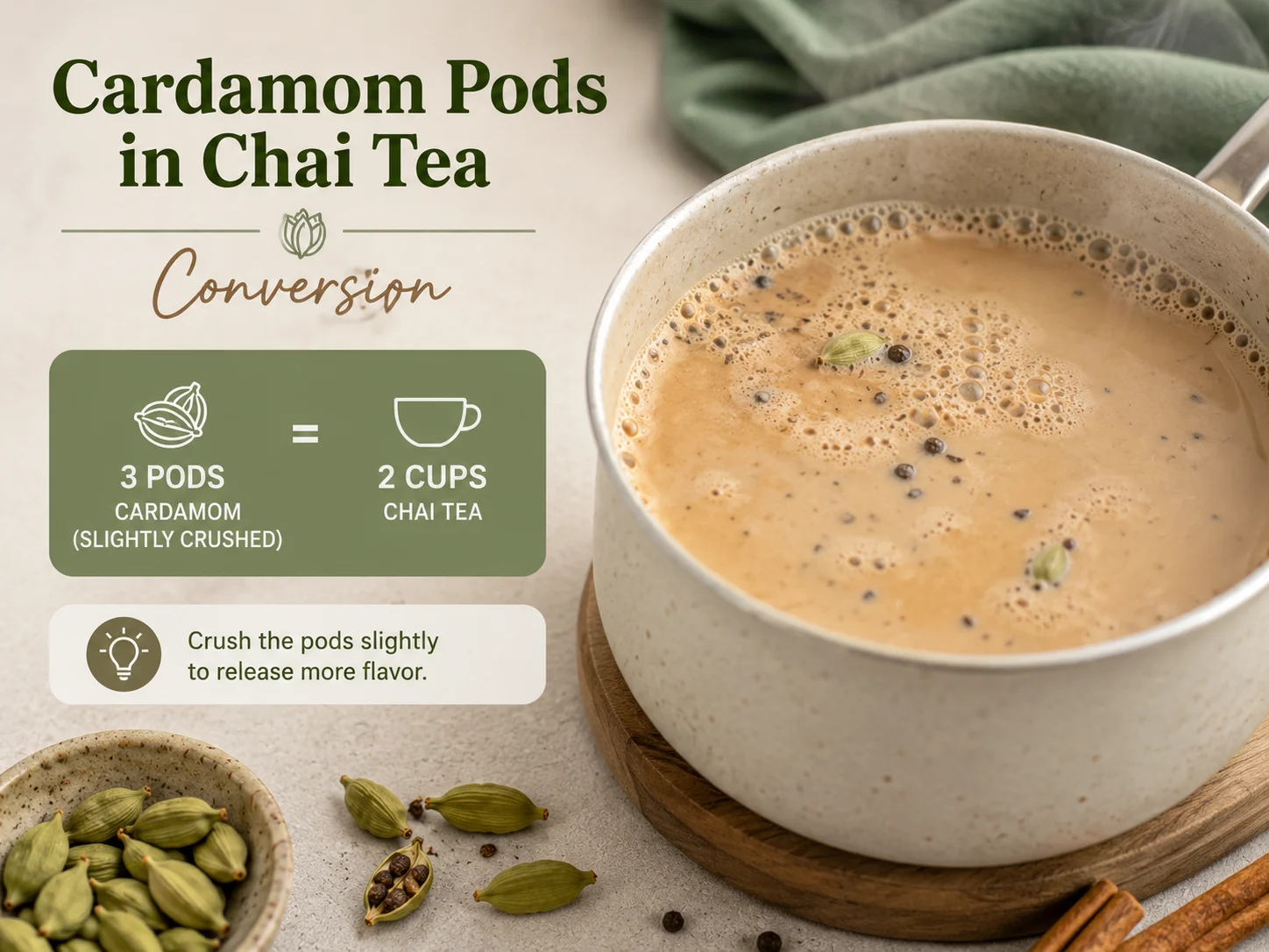 Green cardamom pods used in chai tea recipe showing cardamom seeds to ground conversion for 2 cups