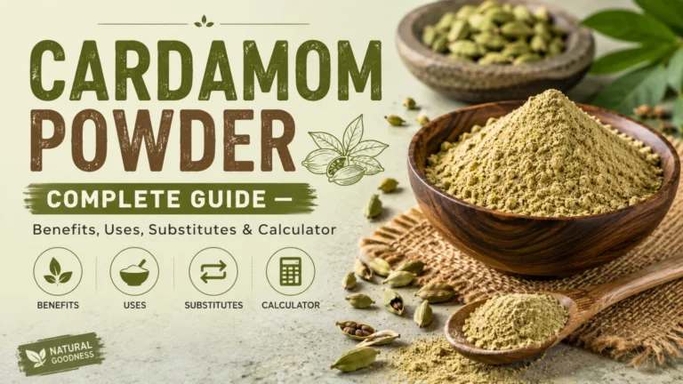 Cardamom powder in a wooden bowl with green cardamom pods beside a complete guide about benefits, uses, substitutes, and calculator