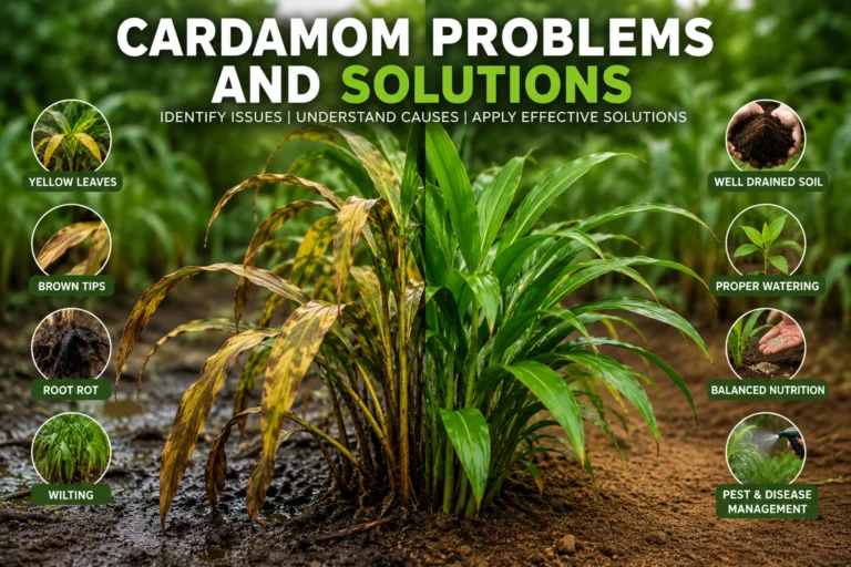 Cardamom plant problems and solutions guide showing yellow leaves, root rot, wilting, and healthy recovery care