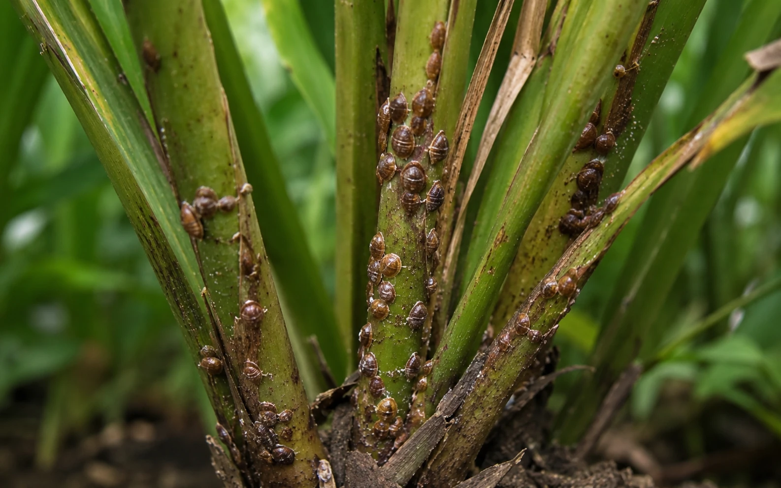 Brown scale insects attached to cardamom stems causing yellowing — cardamom plant problem