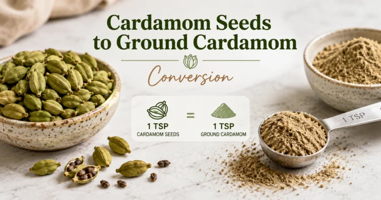 Cardamom seeds to ground conversion with green cardamom pods, loose seeds, and ground cardamom powder in measuring spoon