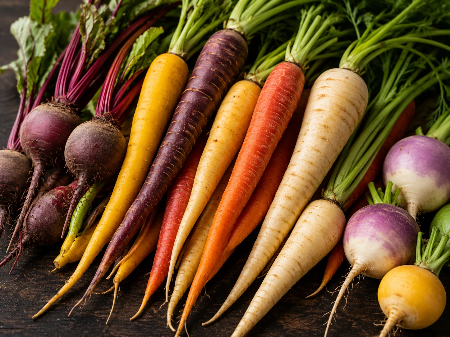 Colourful root vegetables including carrot and parsnip