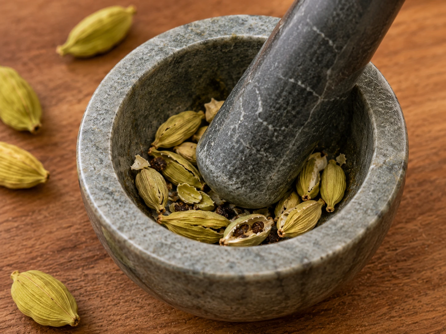 Dark-brown cardamom seeds extracted from pods in a mortar and pestle