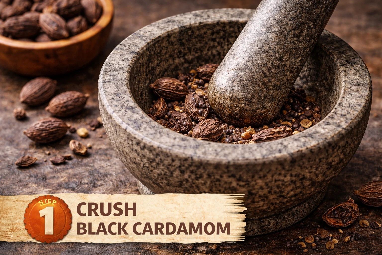 Black cardamom pods being lightly crushed in mortar and pestle before steeping in simple syrup