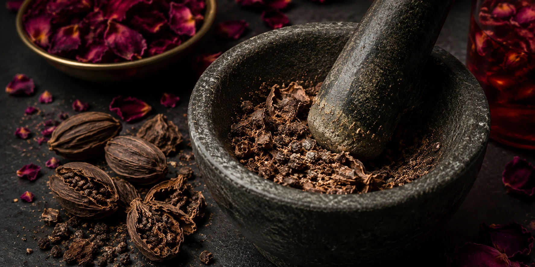 Black cardamom pods being lightly crushed in mortar and pestle before rose syrup infusion — seeds exposed