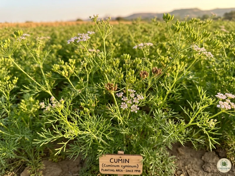 Cumin plant growing in a spice field with small white flowers