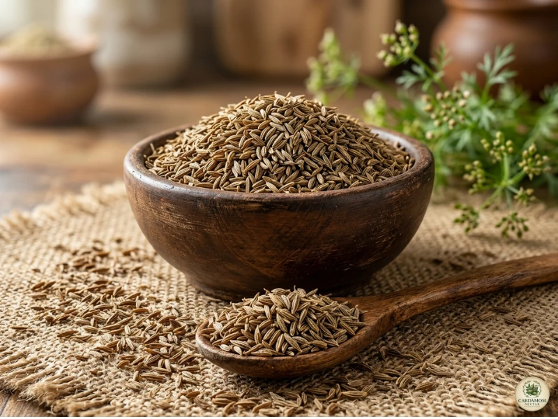 Close-up photograph of whole cumin seeds showing their ridged texture and warm brown colour