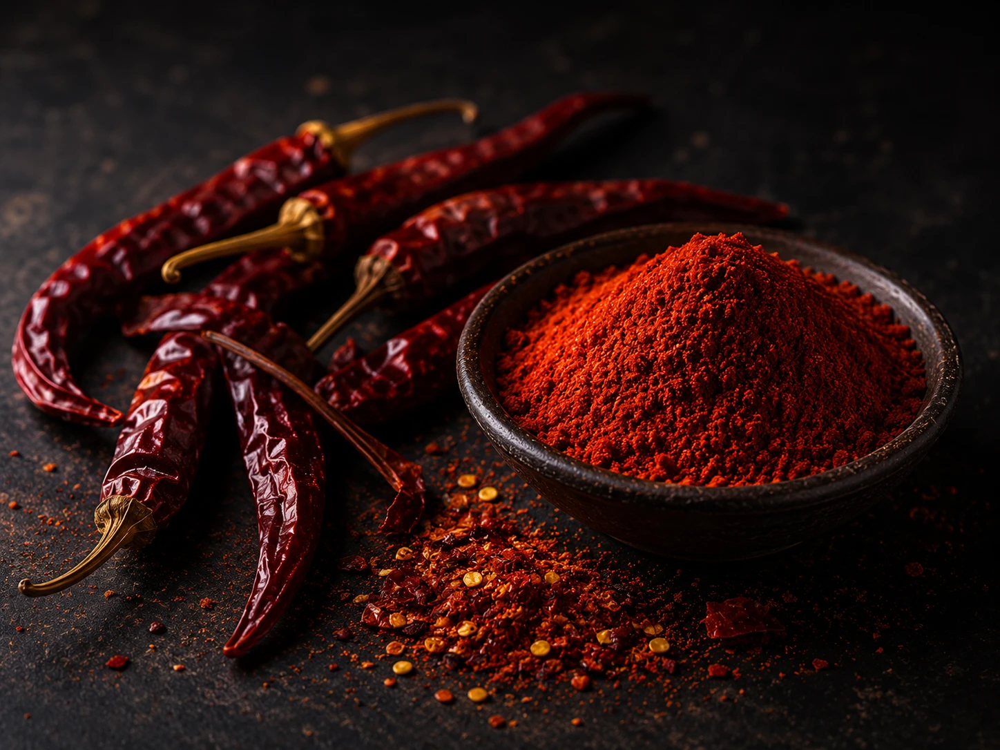Dried red chilies and paprika on dark background