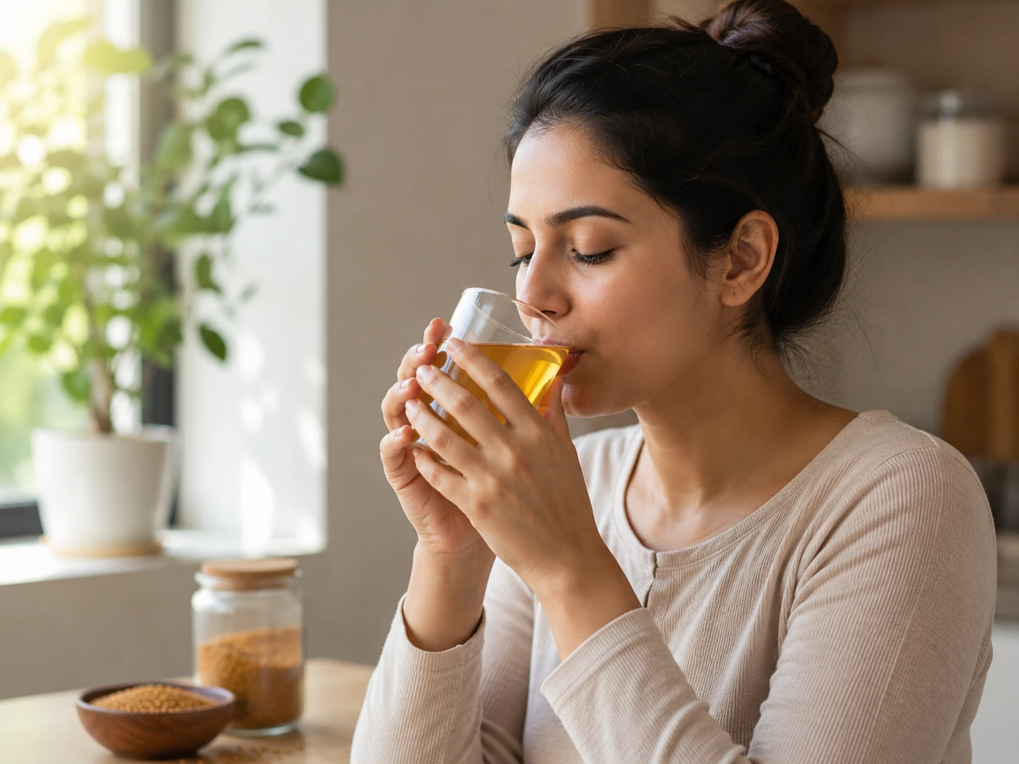 Person drinking fenugreek water on an empty stomach during a healthy morning routine