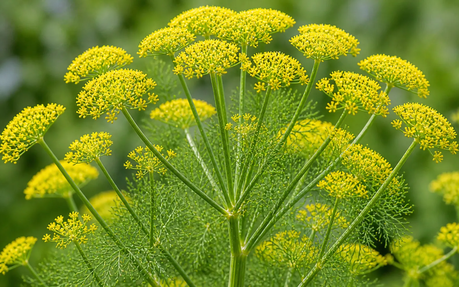 Yellow fennel flowers blooming in umbrella-shaped umbels on green stems outdoors.