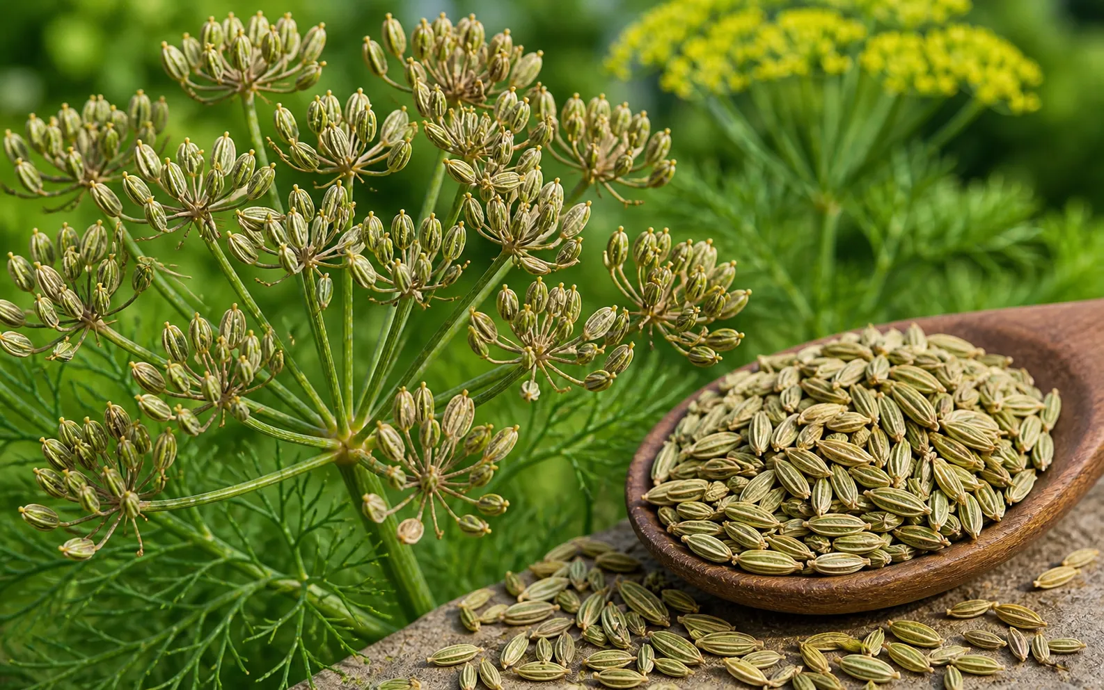 Fennel seeds on plant umbels and wooden spoon with fresh green foliage background.