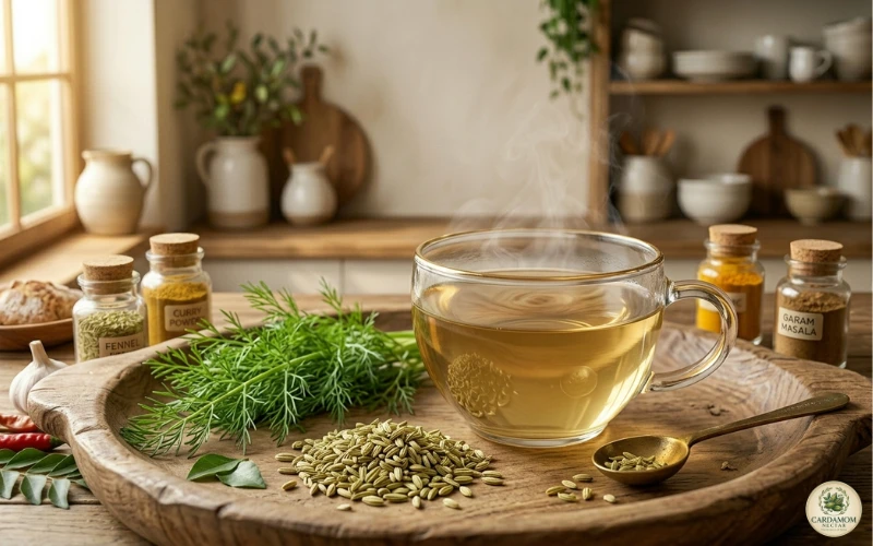 Fennel seeds herbal tea shamar tea use — steaming cup of shay al-shamar