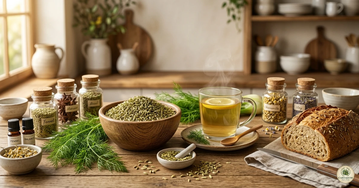 Fennel seeds uses — shamar seeds displayed with Arabic spices and herbs