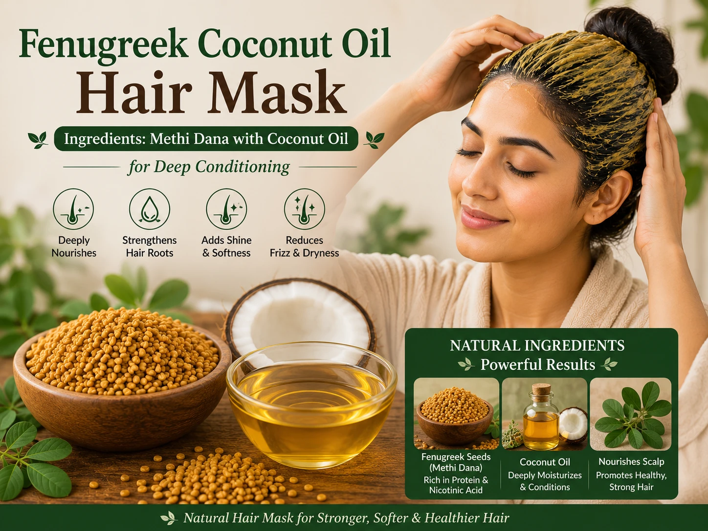 Fenugreek seeds with coconut oil ingredients for deep conditioning hair mask treatment
