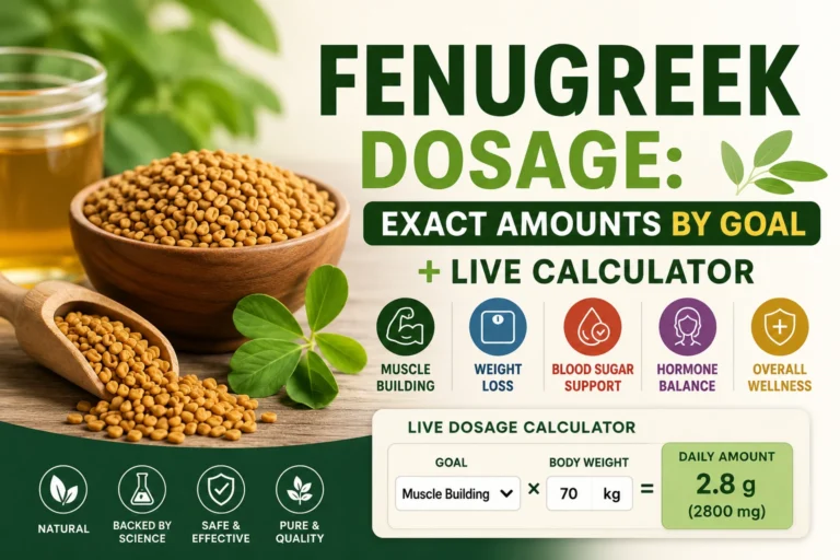 “Fenugreek dosage calculator showing exact fenugreek amounts by goal including weight loss, blood sugar support, hormone balance, muscle building, and overall wellness”