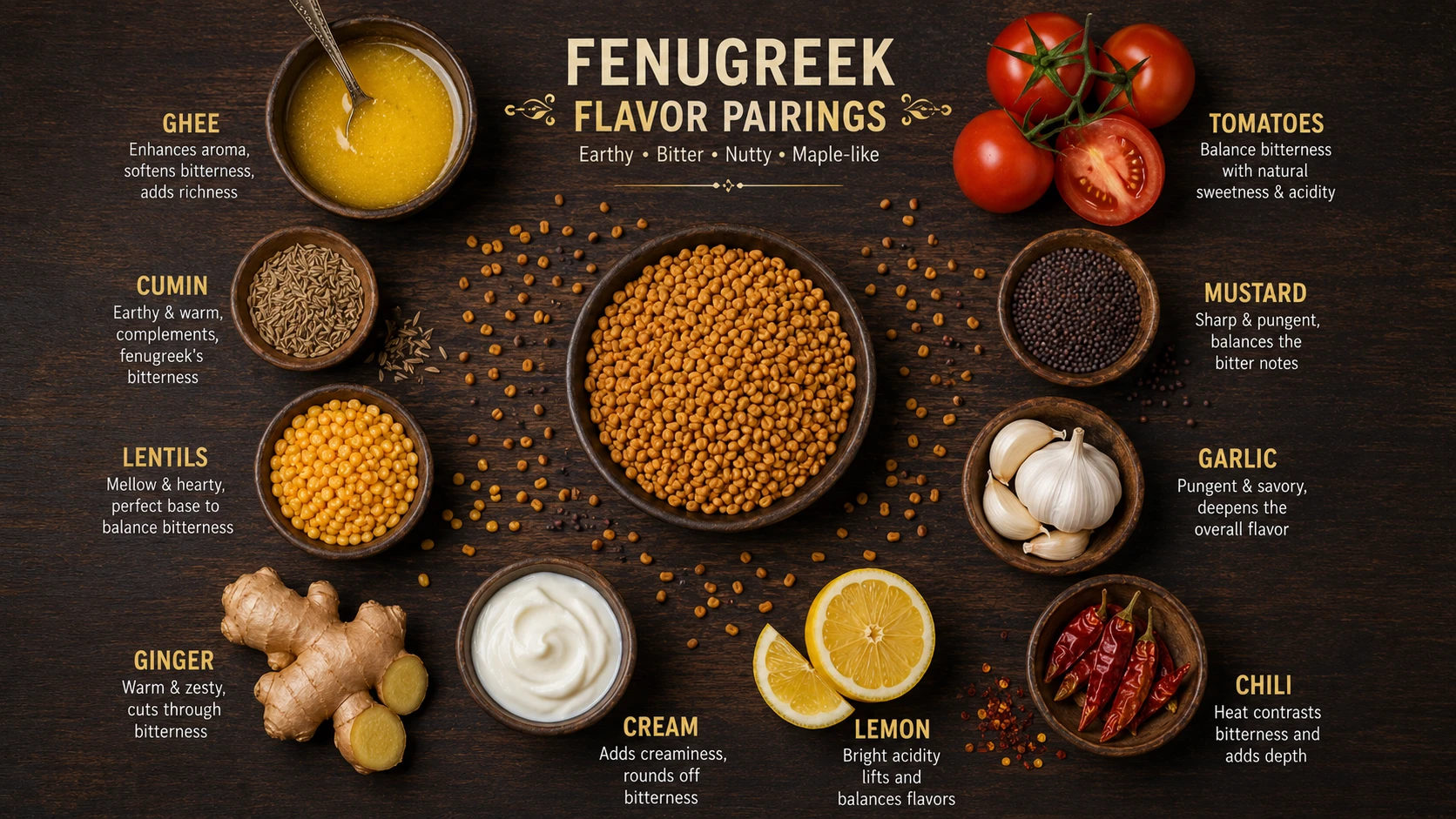 Flat-lay of fenugreek seeds surrounded by its best flavor pairings: ghee, tomatoes, cumin, mustard seeds, lentils, garlic, ginger, cream, lemon and chili arranged on a dark wooden surface