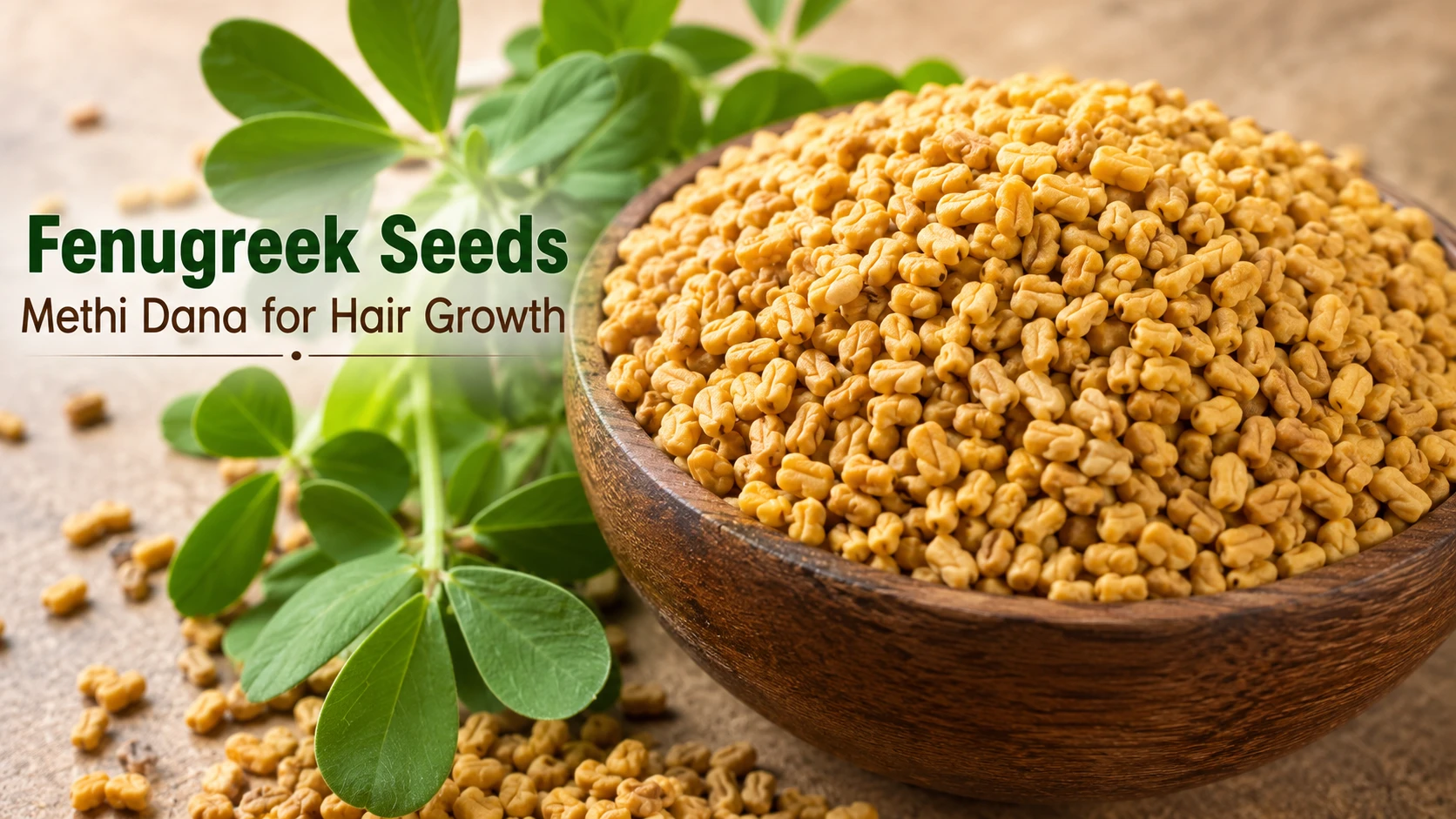 Fenugreek seeds methi dana with healthy long hair woman showing fenugreek for hair growth benefits and DIY hair mask recipes